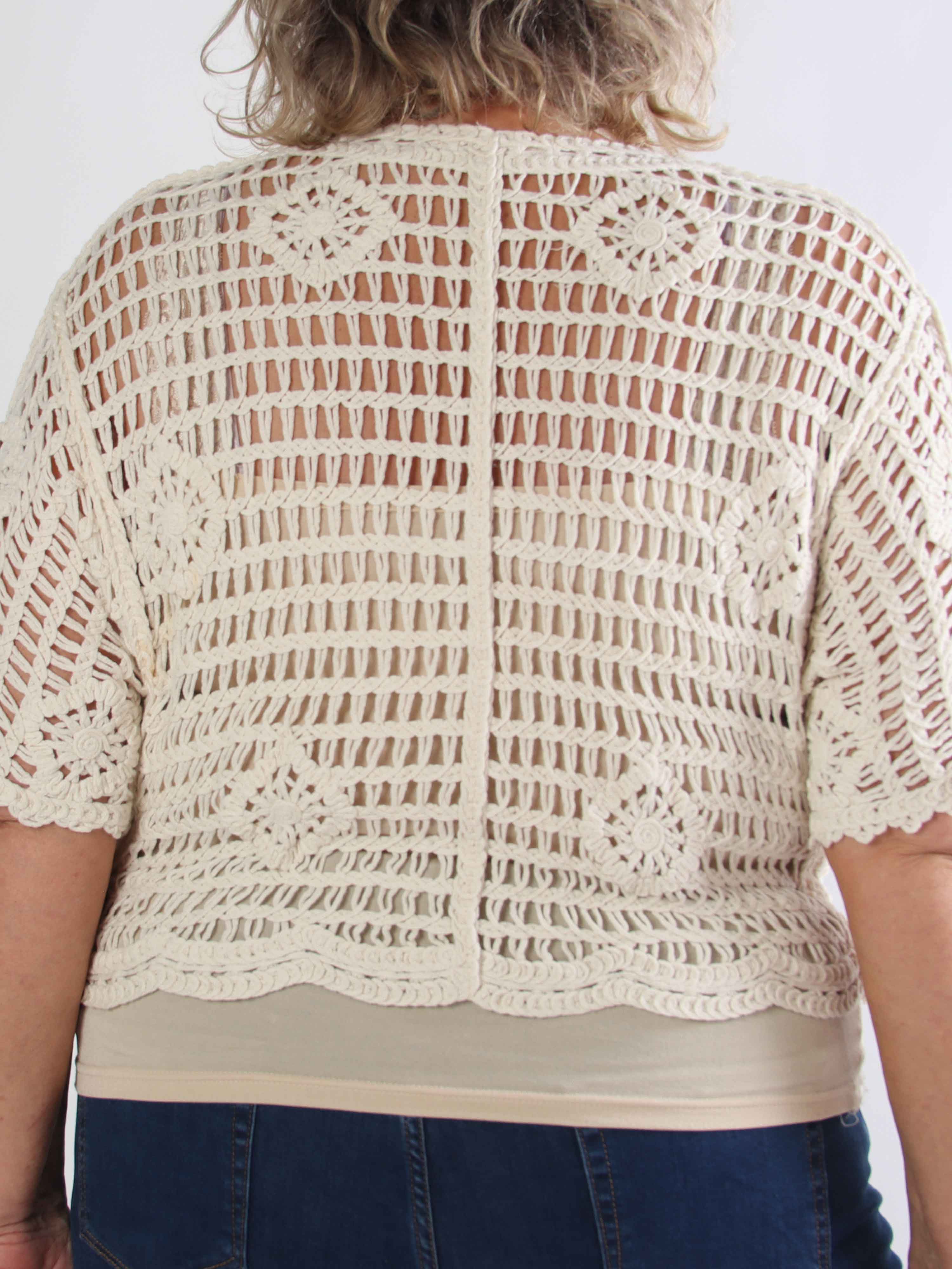 Siri - Hæklet plus size cardigan i bomuld med fint hulmønster